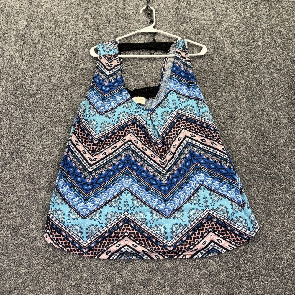 Bobbie Brooks Tank Top Womens 2X Blue Geometric Scoop Neck Crochet Summer Casual